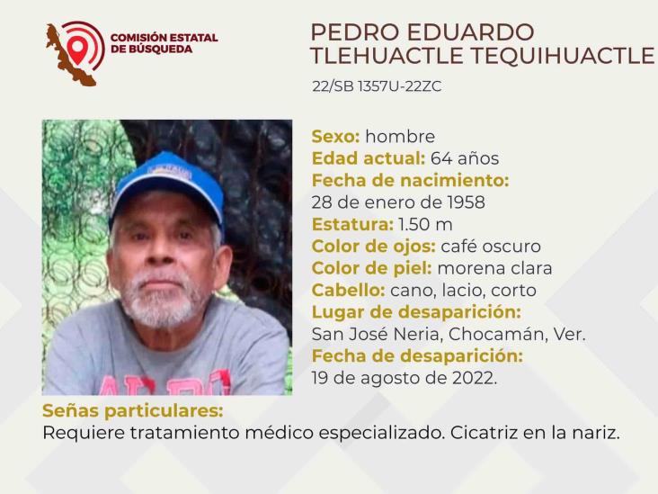 Reportan desaparición de hombre mayor en Chocamán; requiere tratamiento médico