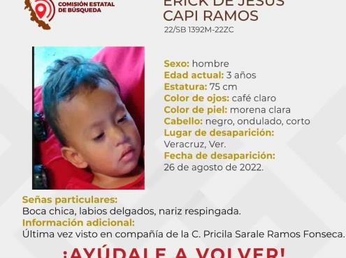 Reportan la desaparición de un niño de 3 años en Veracruz