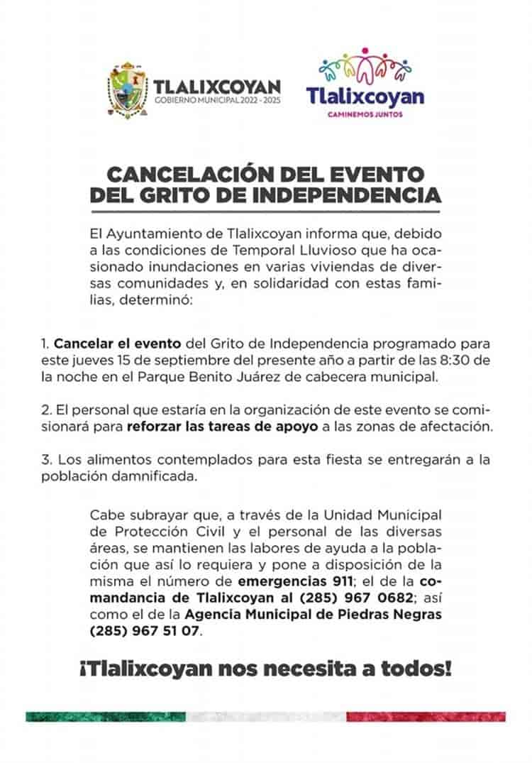 Cancelan Grito de Independencia en Tlalixcoyan por fuertes lluvias
