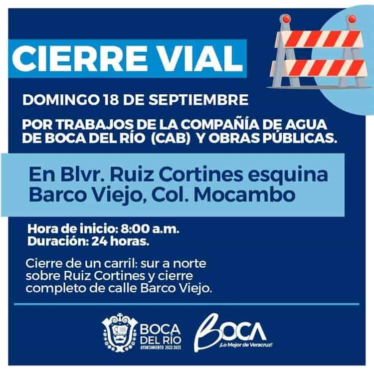 ¡Atención! Habrá cierre vial este domingo en avenidas de Boca del Río