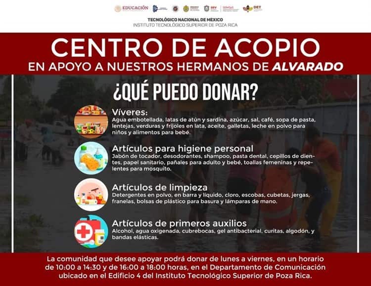 Abren centro de acopio en Tec de Poza Rica para apoyar a damnificados de Alvarado