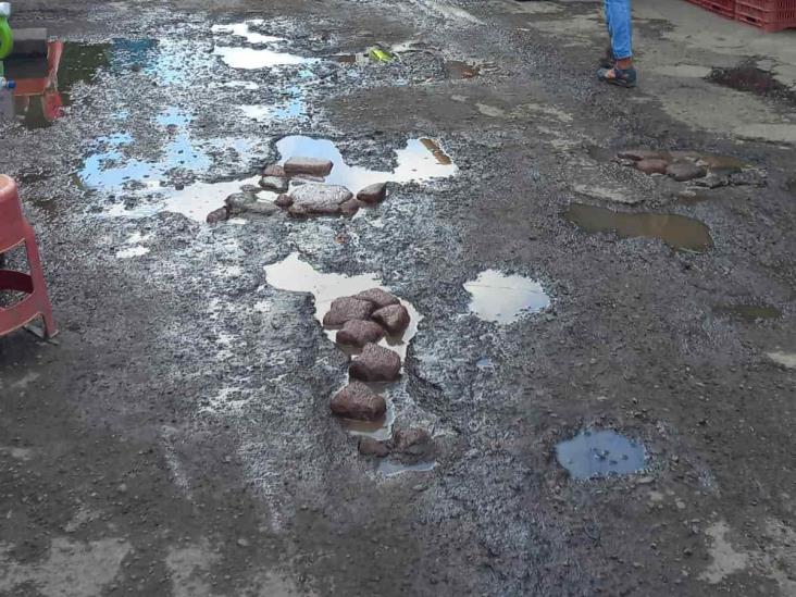 Con escombros y adoquines ciudadanos rellenan baches en el centro de Veracruz