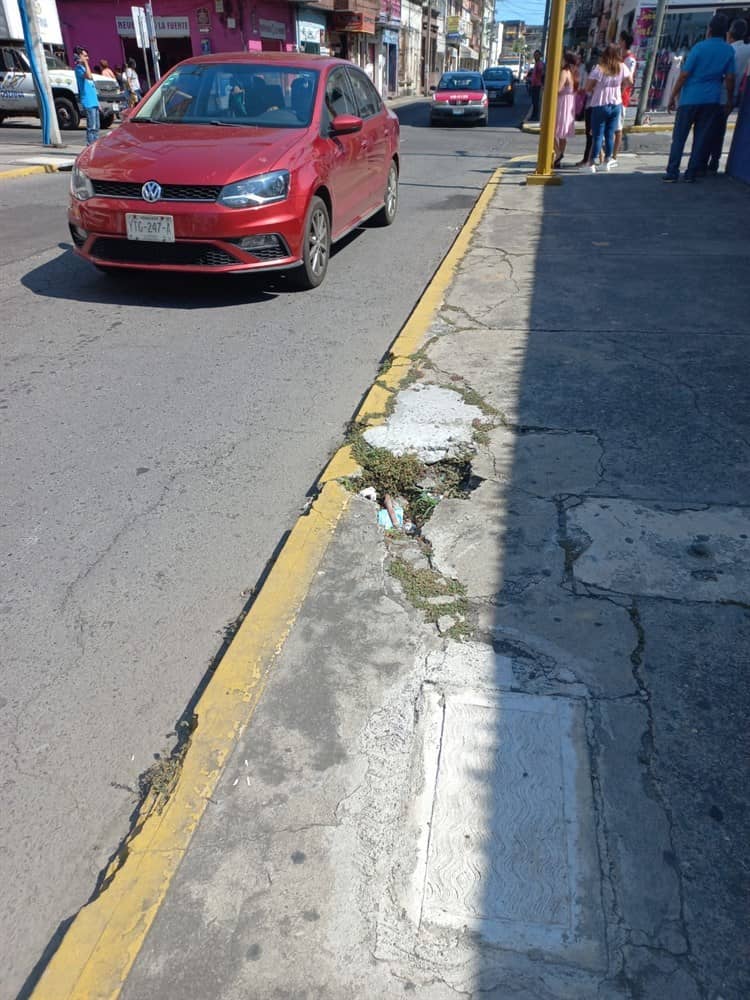 Pavimento roto sobre banqueta pone en peligro a transeúntes en el centro de Veracruz