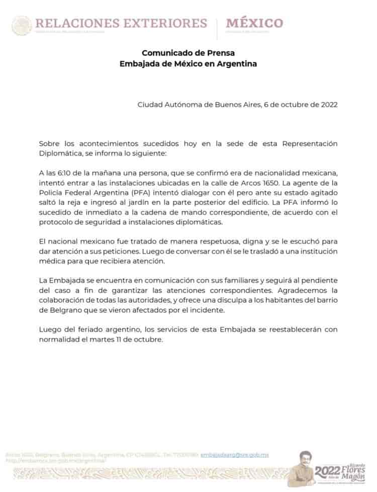 Hombre se atrinchera por 5 horas en la embajada de México en Argentina; era mexicano