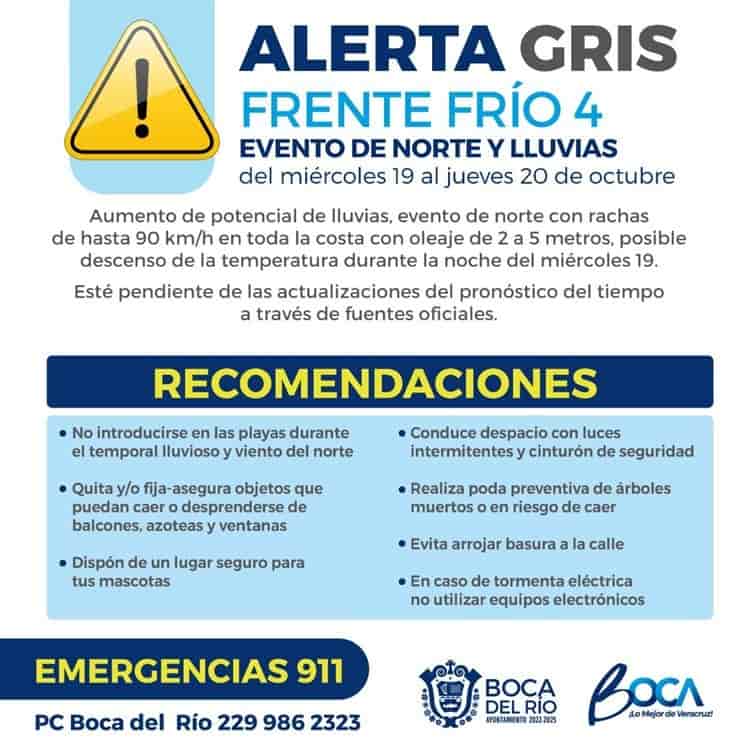 Ayuntamiento de Boca del Río emite Alerta Gris por Frente Frío número 4