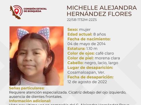 Buscan a Michelle de 8 años de edad en Cosamaloapan