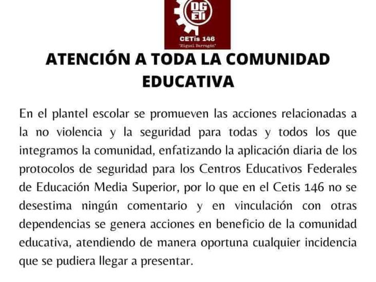 Preocupa a padres del CETIS 146 amenazas de alumno contra sus compañeros