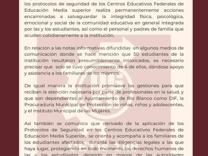 Dependencias ya investigan intoxicación en CETIS 146 de Río Blanco