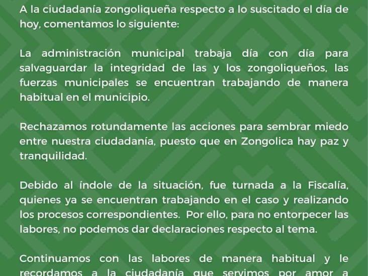 Ayuntamiento de Zongolica lamenta hechos que amedrentan a la población