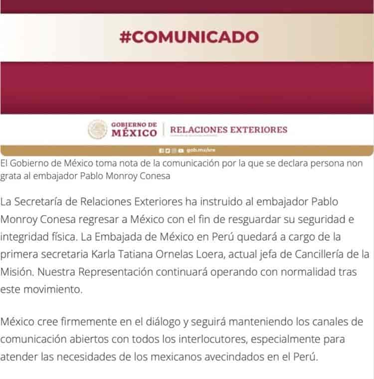 Cancillería ayudará a regresar al país a embajador de México en Perú; fue declarado persona no grata