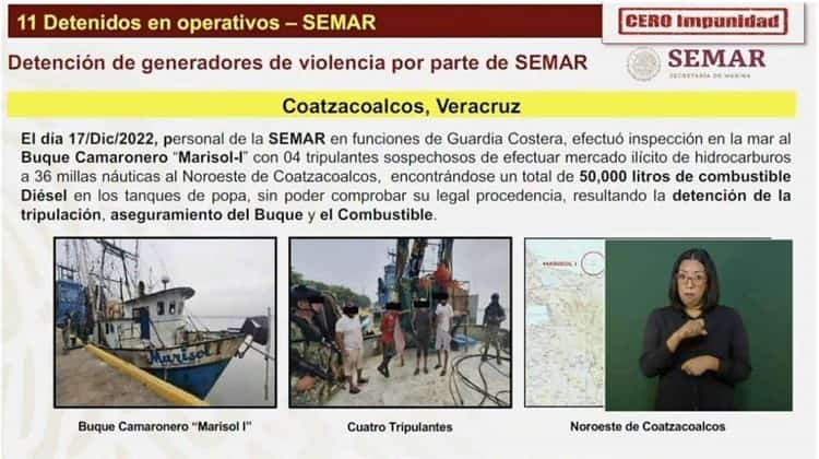 SEMAR asegura en Coatzacoalcos barco camaronero con 50 mil litros de huachicol