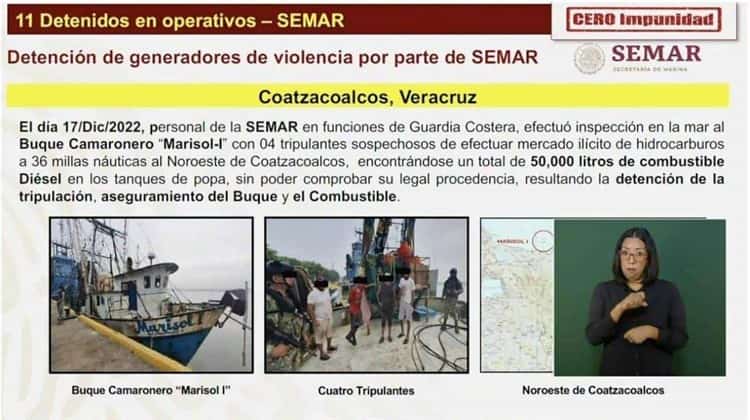 En Coatzacoalcos, aseguran barco camaronero con 50 mil litros de huachicol