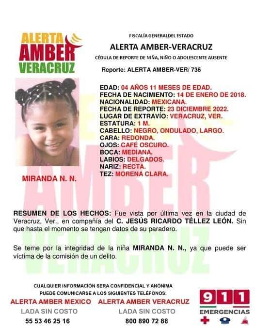 Activan Alerta Amber para localizar a menor de 4 años; desapareció en Veracruz