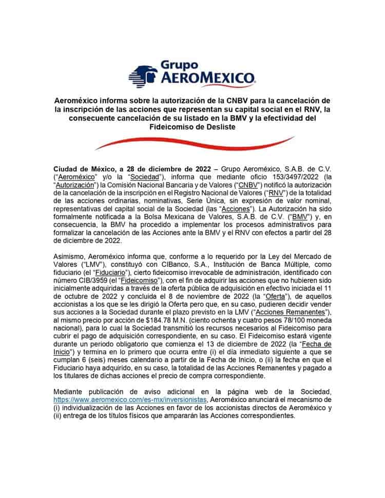 Aeroméxico anuncia su salida formal de la Bolsa Mexicana de Valores