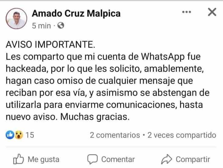 Hackean WhatsApp del alcalde de Coatzacoalcos, Amado Cruz