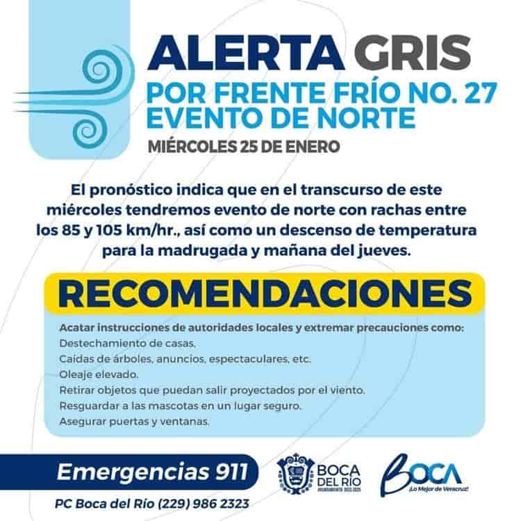 Activan Alerta Gris por Frente Frío 27 en Veracruz