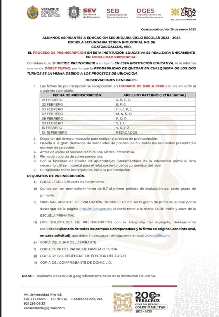 ¡Atento! En Coatzacoalcos, lanza ETI 96 fechas de preinscripciones