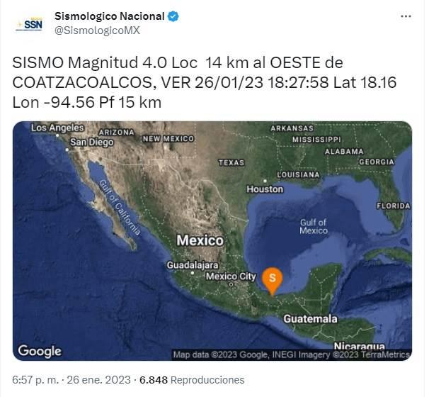 Detectan leve temblor este jueves en Coatzacoalcos