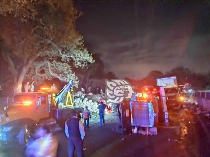 Camión de carga sufre volcadura en la Puebla-Orizaba