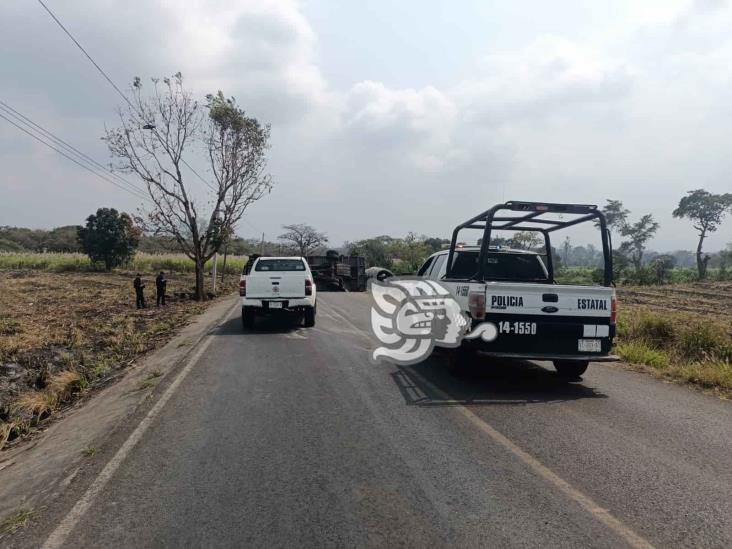 Camión cargado de rollos de manguera vuelca en la carretera Coatepec-Tlaltetela