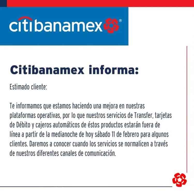 ¡Fuera de servicio! Anuncia Citibanamex mantenimiento a sus plataformas