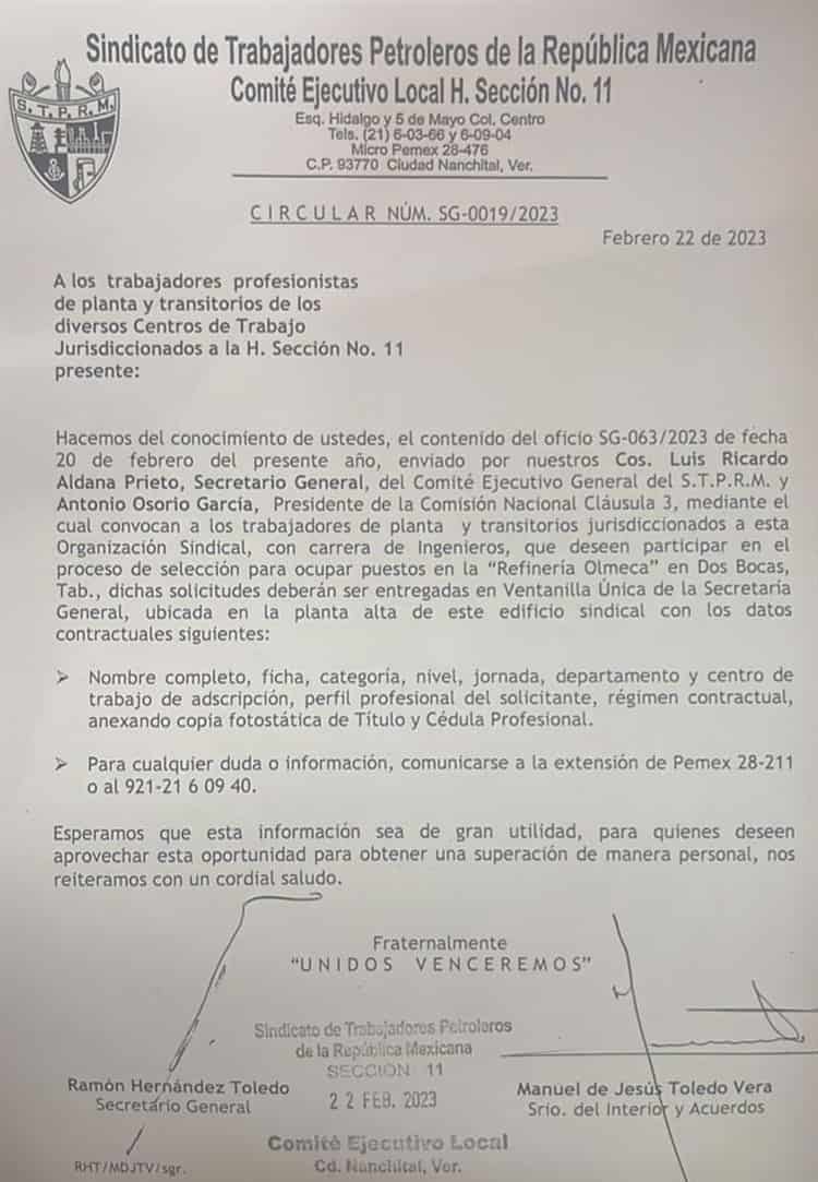 Abren convocatoria para ingenieros de la Sección 11 en la Refinería Olmeca