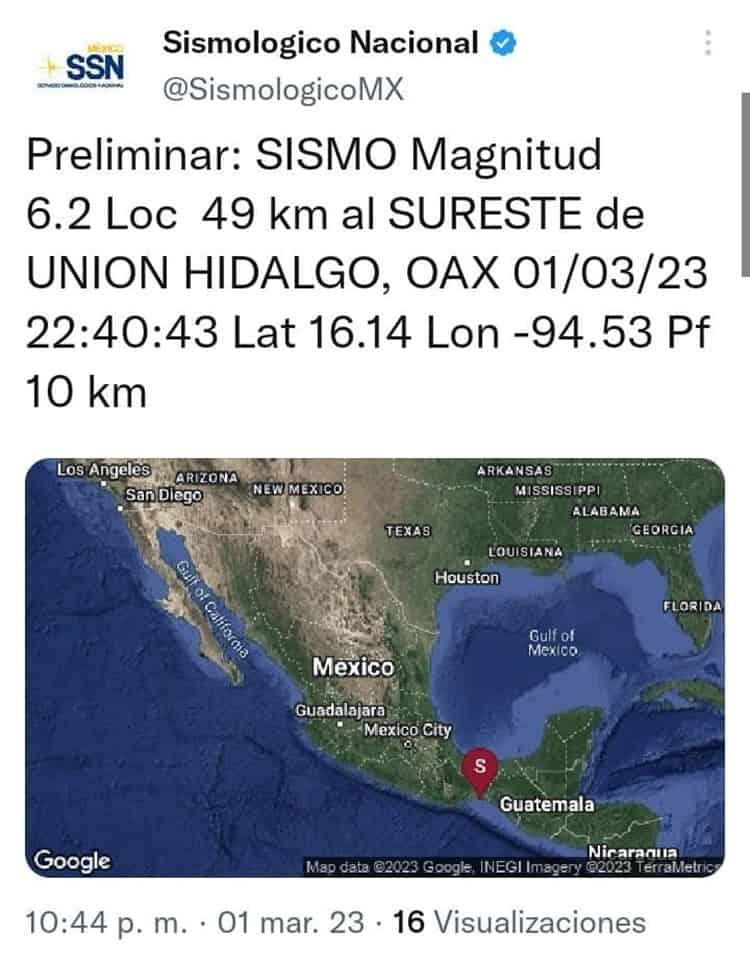 Temblor de magnitud 6.2 sacude a Oaxaca y el Sur de Veracruz