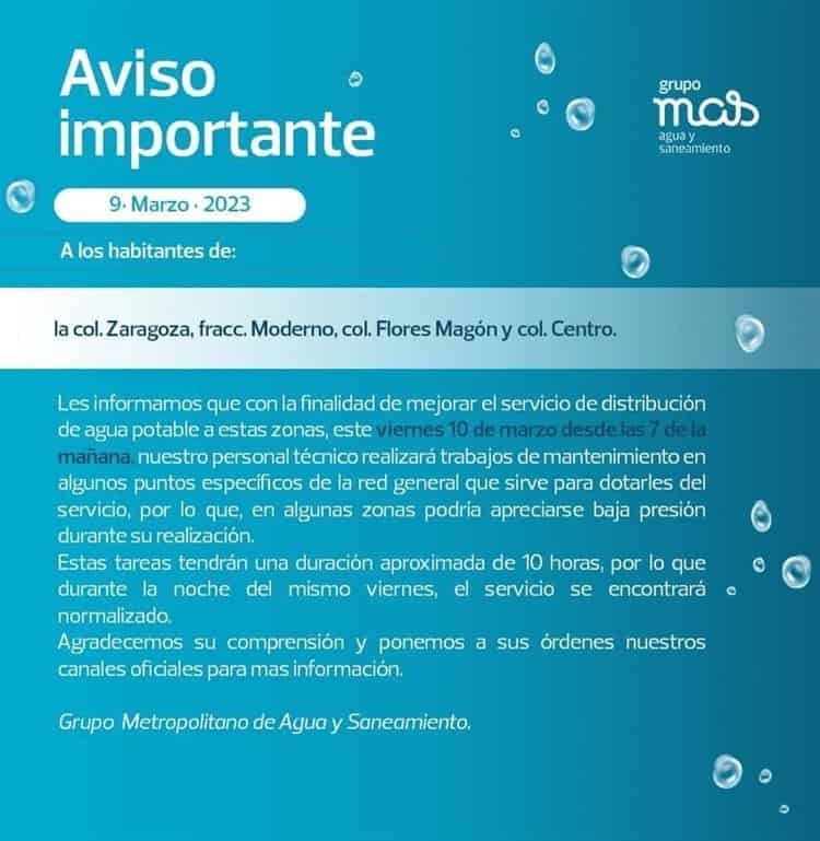 ¡Atento! En estas colonias de Veracruz habrá baja presión de agua