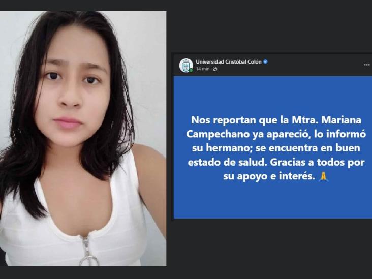 La maestra Mariana Campechano ya fue localizada en Veracruz