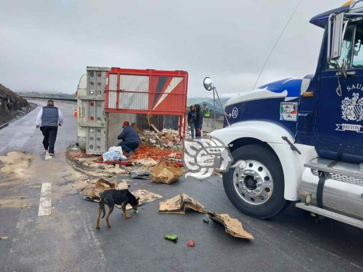 Camión torton con verduras sufre volcadura en el libramiento;  embiste auto