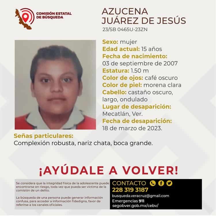 Reportan desaparición de adolescente en Mecatlán, Veracruz