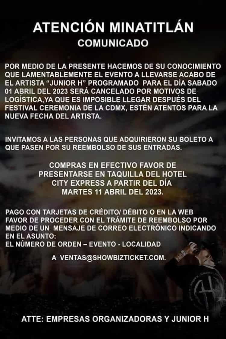 Será para la otra; Junior H cancela concierto en Minatitlán