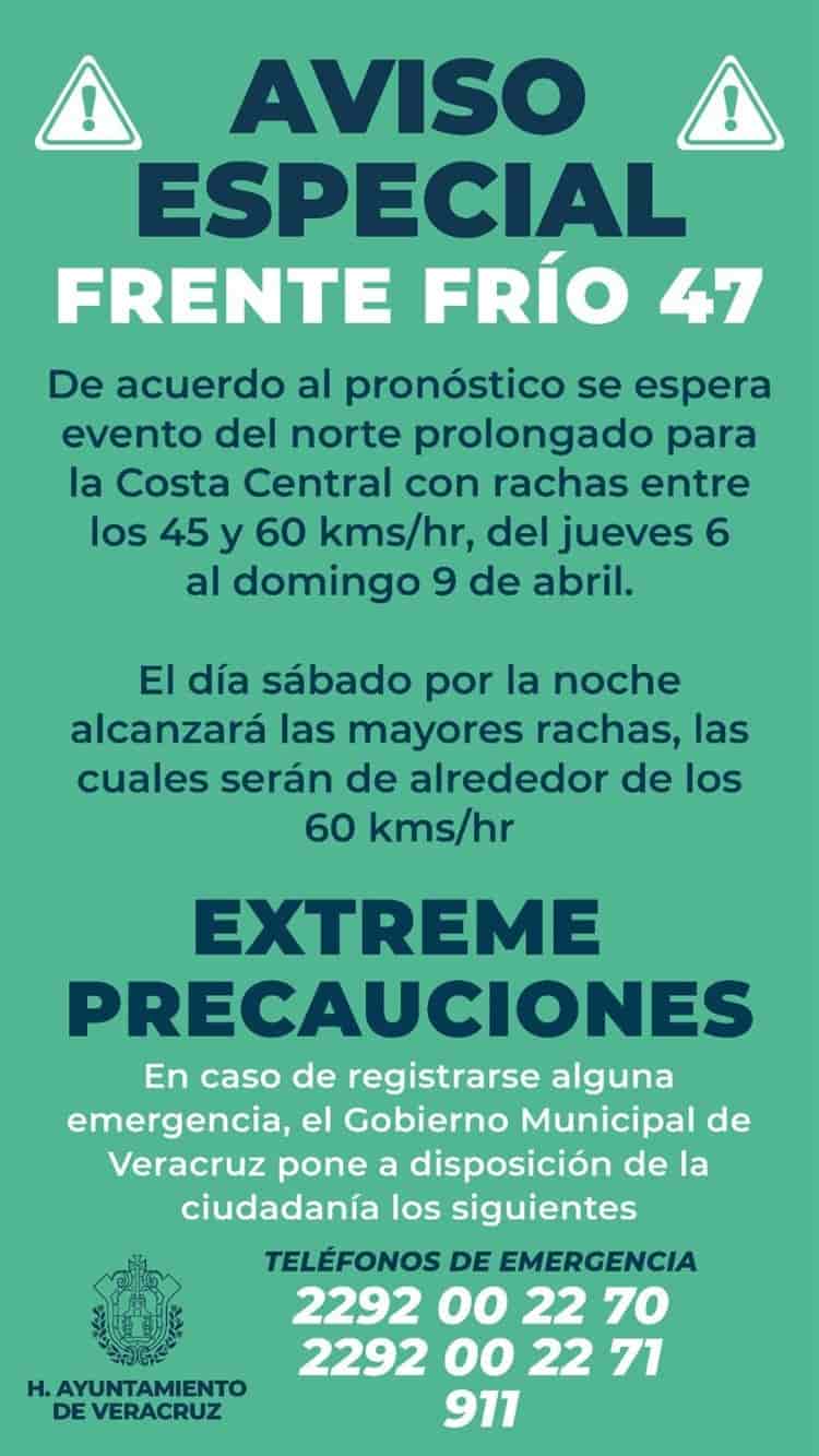 Norte prolongado alcanzaría hasta 60 km/h en Veracruz; emiten aviso especial