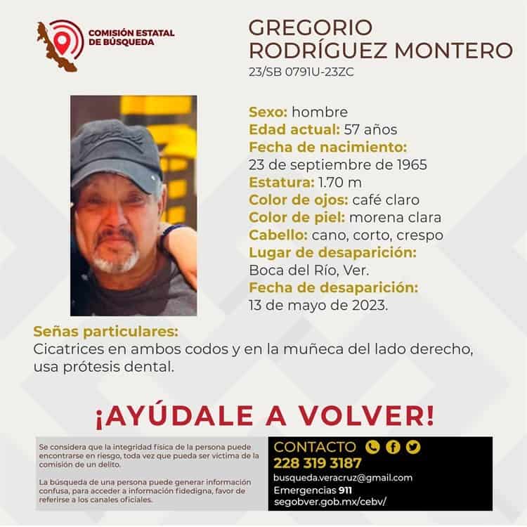 Buscan a Gregorio Rodríguez, lleva desaparecido 4 días en Boca del Río