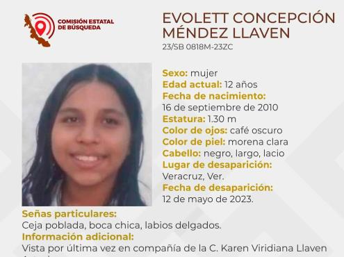 Buscan en Veracruz a Evolett Concepción, de 12 años