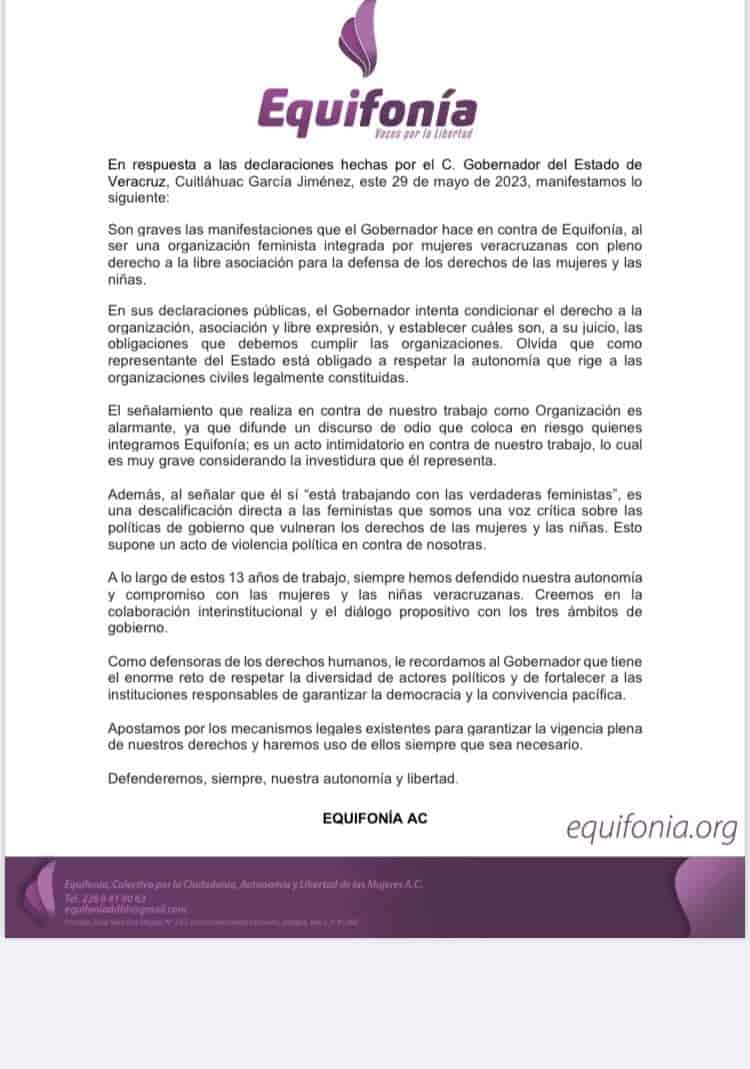 Discurso de odio de Cuitláhuac García pone en riesgo a mujeres veracruzanas: Equifonía