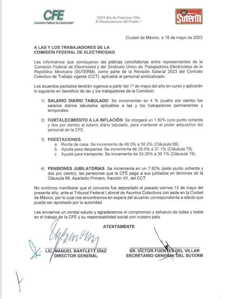 Buenas noticias para los trabajadores de CFE luego de la revisión salarial 2023