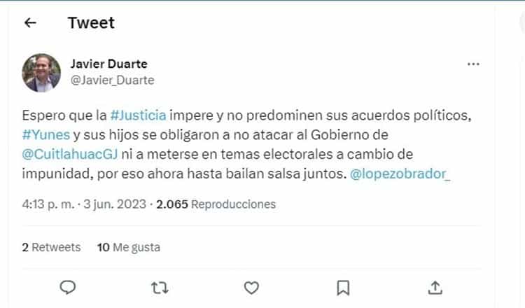 Cuitláhuac y Yunes pactaron impunidad: Javier Duarte
