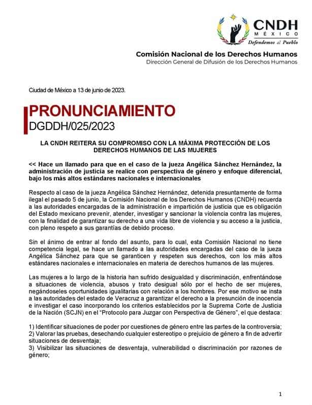 CNDH pide respetar derechos de jueza Angélica Sánchez en Veracruz