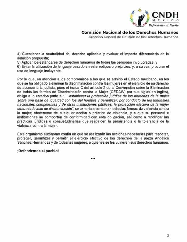 CNDH pide respetar derechos de jueza Angélica Sánchez en Veracruz