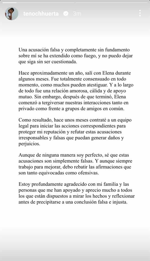 Afirma Tenoch Huerta haber tenido una relación con Elena Ríos; hay otra acusación