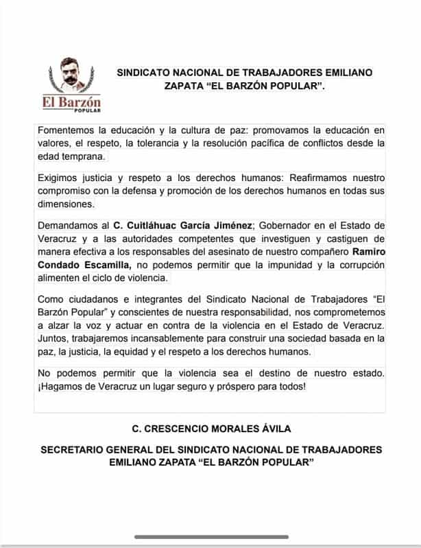 Barzón Popular da por muerto a Ramiro Condado y exige al gobierno de Veracruz alto a violencia