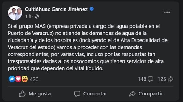 Gobierno de Veracruz demandaría al Grupo MAS por dejar hospitales sin agua