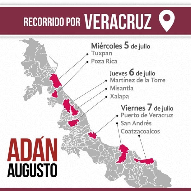 Adán Augusto recorrerá Veracruz el 5, 6 y 7 de julio: Gutiérrez Luna