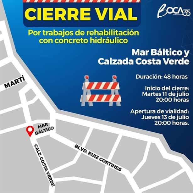 Continúa cierre vial en calles de Boca del Río por obras de concreto hidráulico