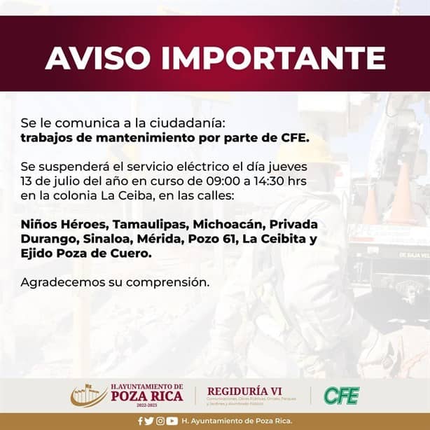 CFE: estos son los sitios de Tuxpan y Poza Rica donde habrá cortes de luz