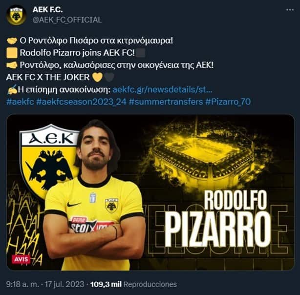 ¿Será la revancha? Rodolfo Pizarro ya es jugador del AEK Atenas