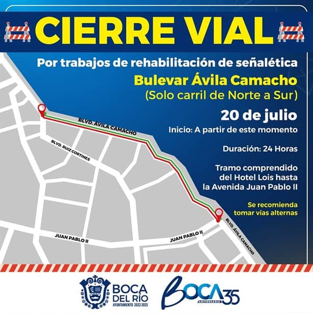 ¡Por 24 horas! Cierre vial en Boca del Río por rehabilitación de señalética