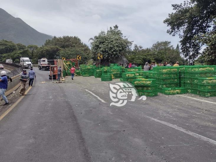 Tráiler cargado con pollos vuelca en la Orizaba- Puebla y se desata la rapiña