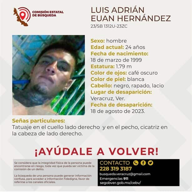Desaparece en Veracruz el joven Luis Adrián Euan de 24 años de edad